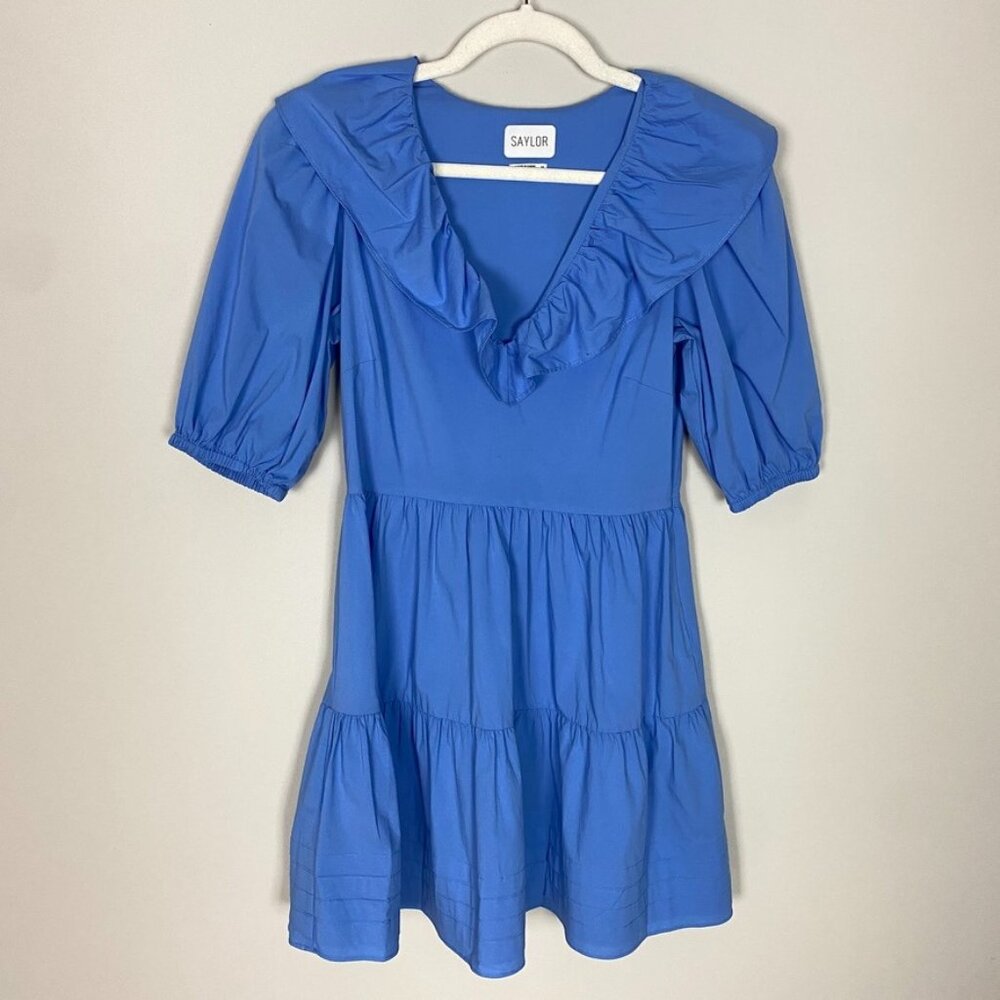 Saylor Zerina A Line Mini Dress Ruffle Blue Womens XS Tiered Puff Sleeves V Neck - Picture 2 of 9